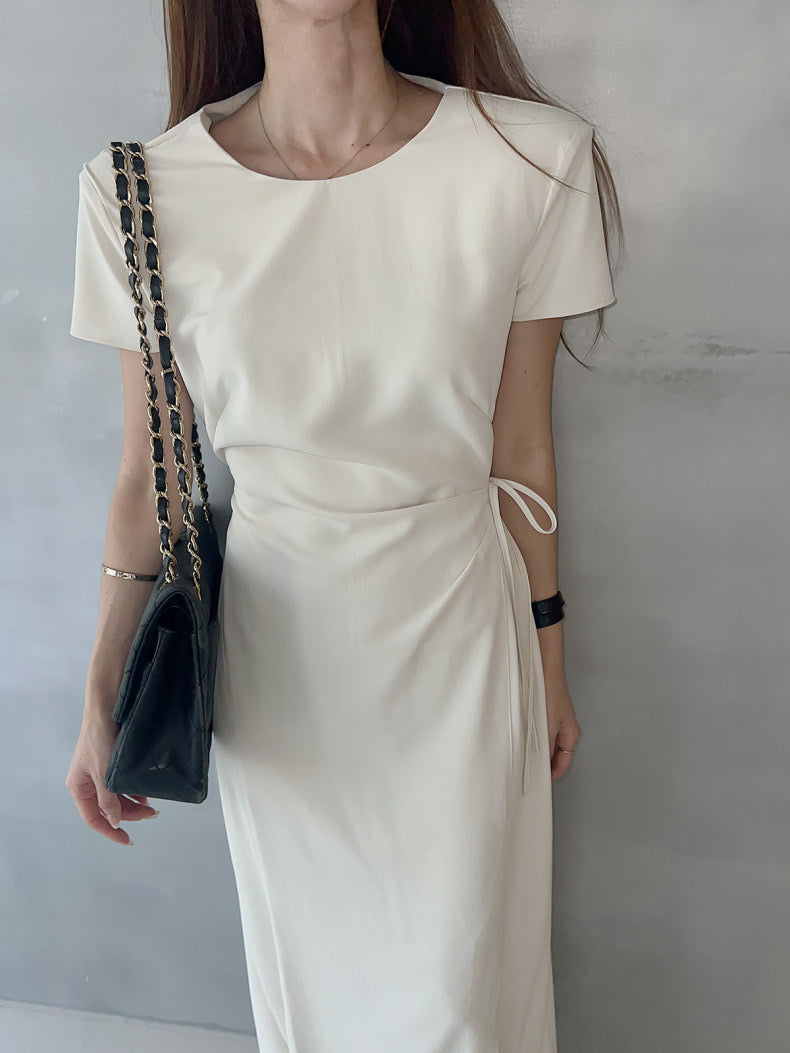 Round-neck side-tie waist-slit dress