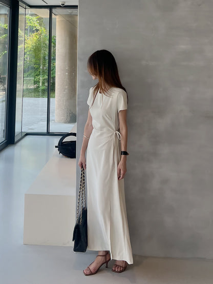 Round-neck side-tie waist-slit dress