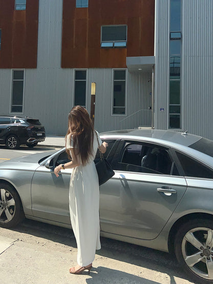 Round-neck side-tie waist-slit dress