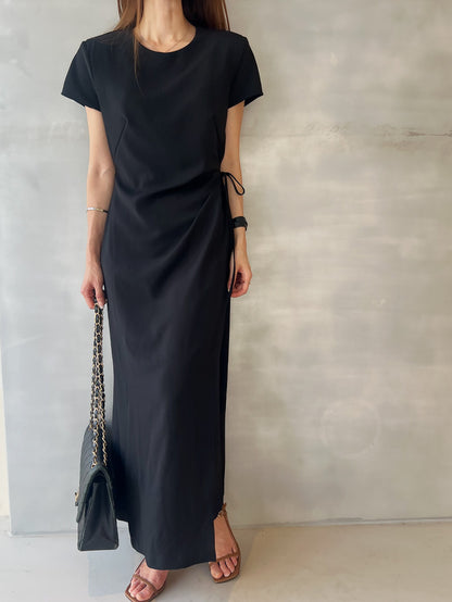 Round-neck side-tie waist-slit dress
