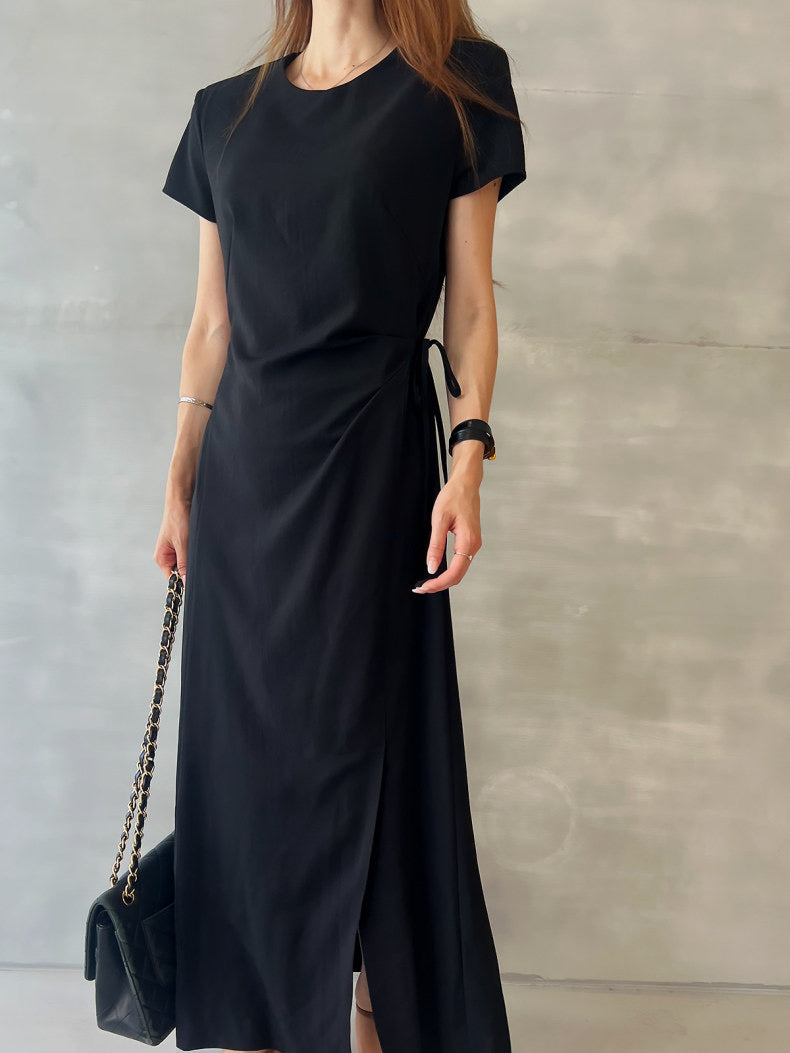 Round-neck side-tie waist-slit dress