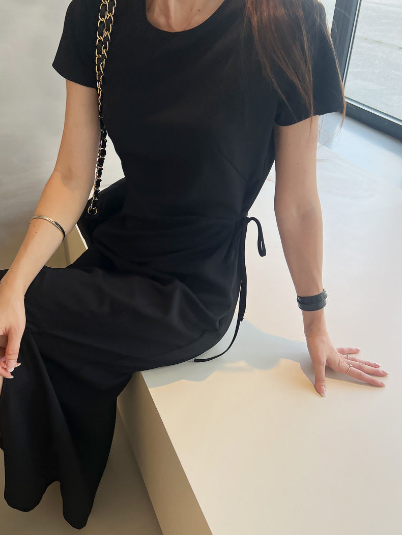 Round-neck side-tie waist-slit dress