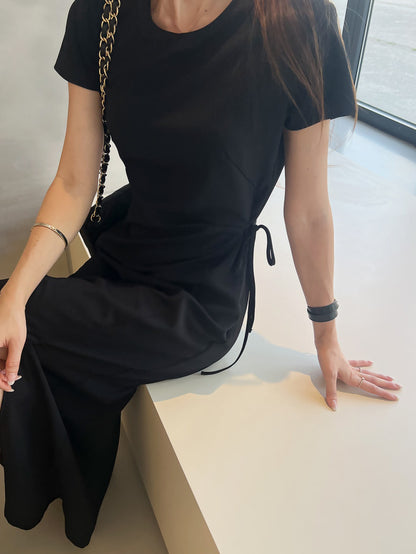 Round-neck side-tie waist-slit dress
