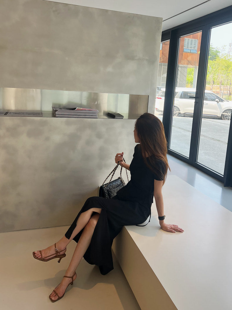 Round-neck side-tie waist-slit dress