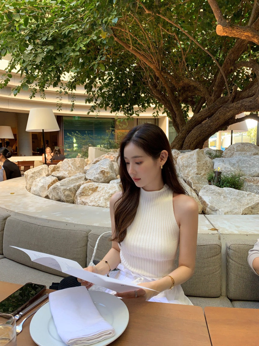 Sleeveless Knit Top + Slit Midi Skirt Set