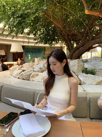 Sleeveless Knit Top + Slit Midi Skirt Set