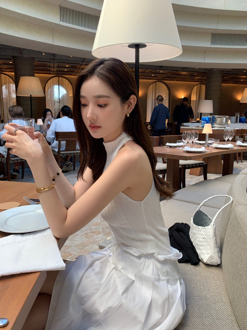 Sleeveless Knit Top + Slit Midi Skirt Set