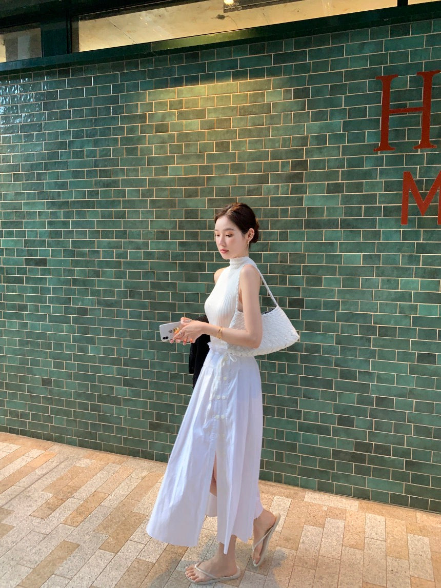 Sleeveless Knit Top + Slit Midi Skirt Set