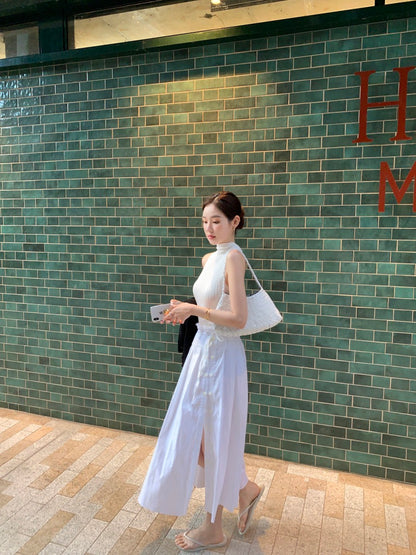 Sleeveless Knit Top + Slit Midi Skirt Set