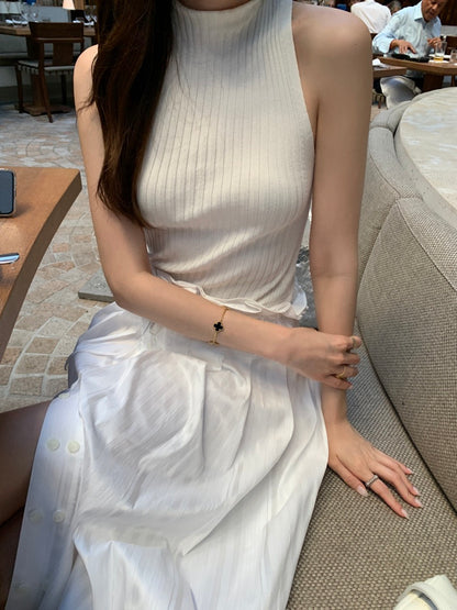 Sleeveless Knit Top + Slit Midi Skirt Set
