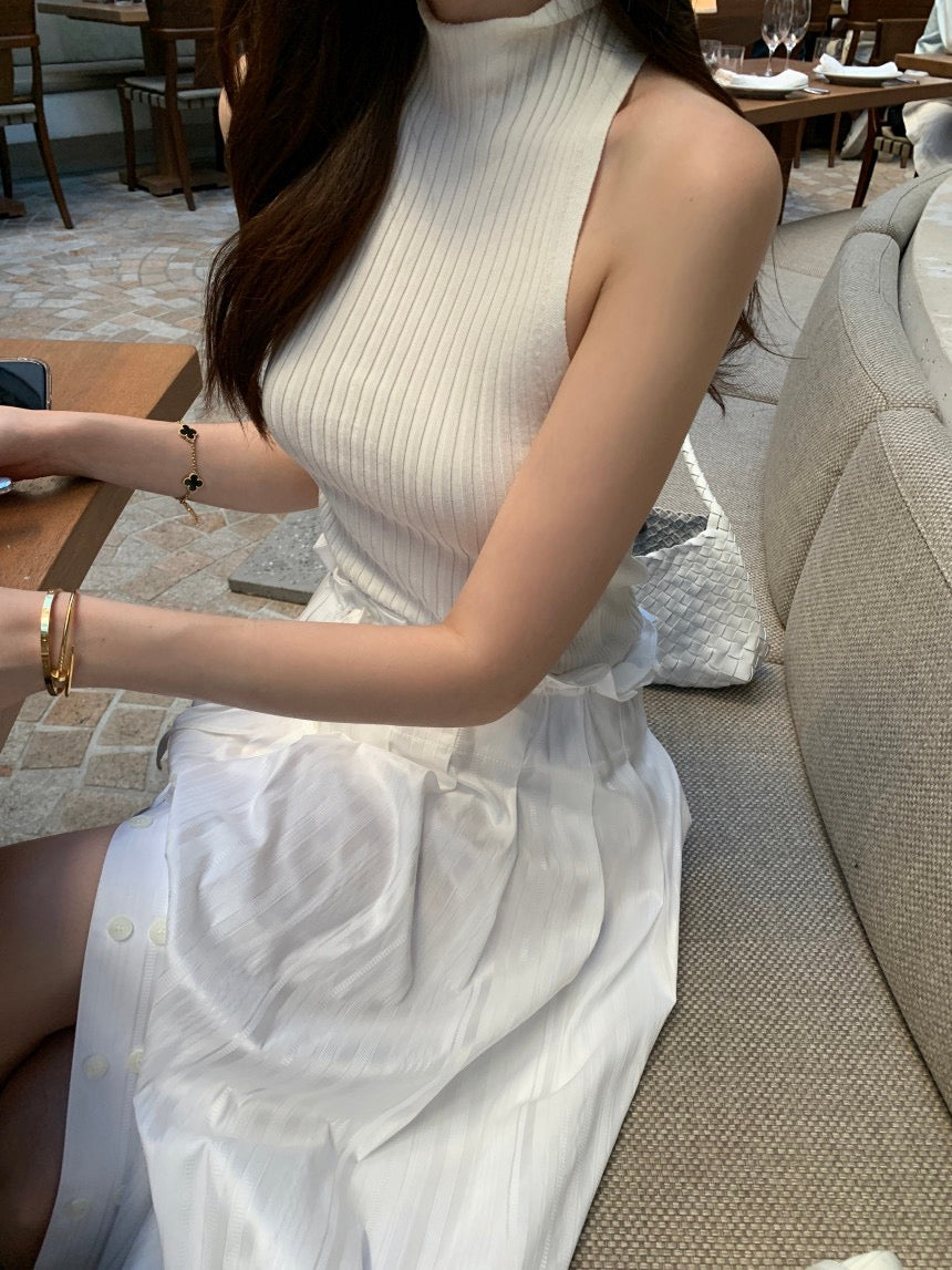 Sleeveless Knit Top + Slit Midi Skirt Set