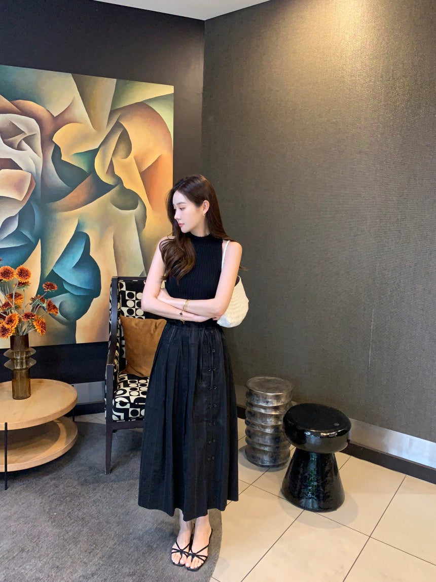 Sleeveless Knit Top + Slit Midi Skirt Set