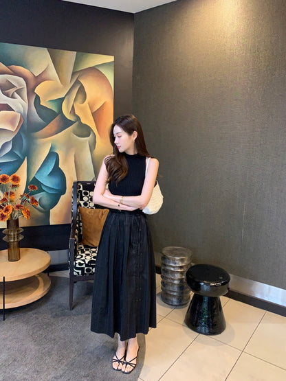 Sleeveless Knit Top + Slit Midi Skirt Set