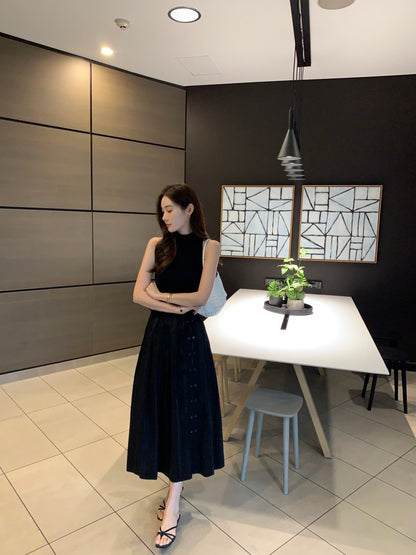 Sleeveless Knit Top + Slit Midi Skirt Set