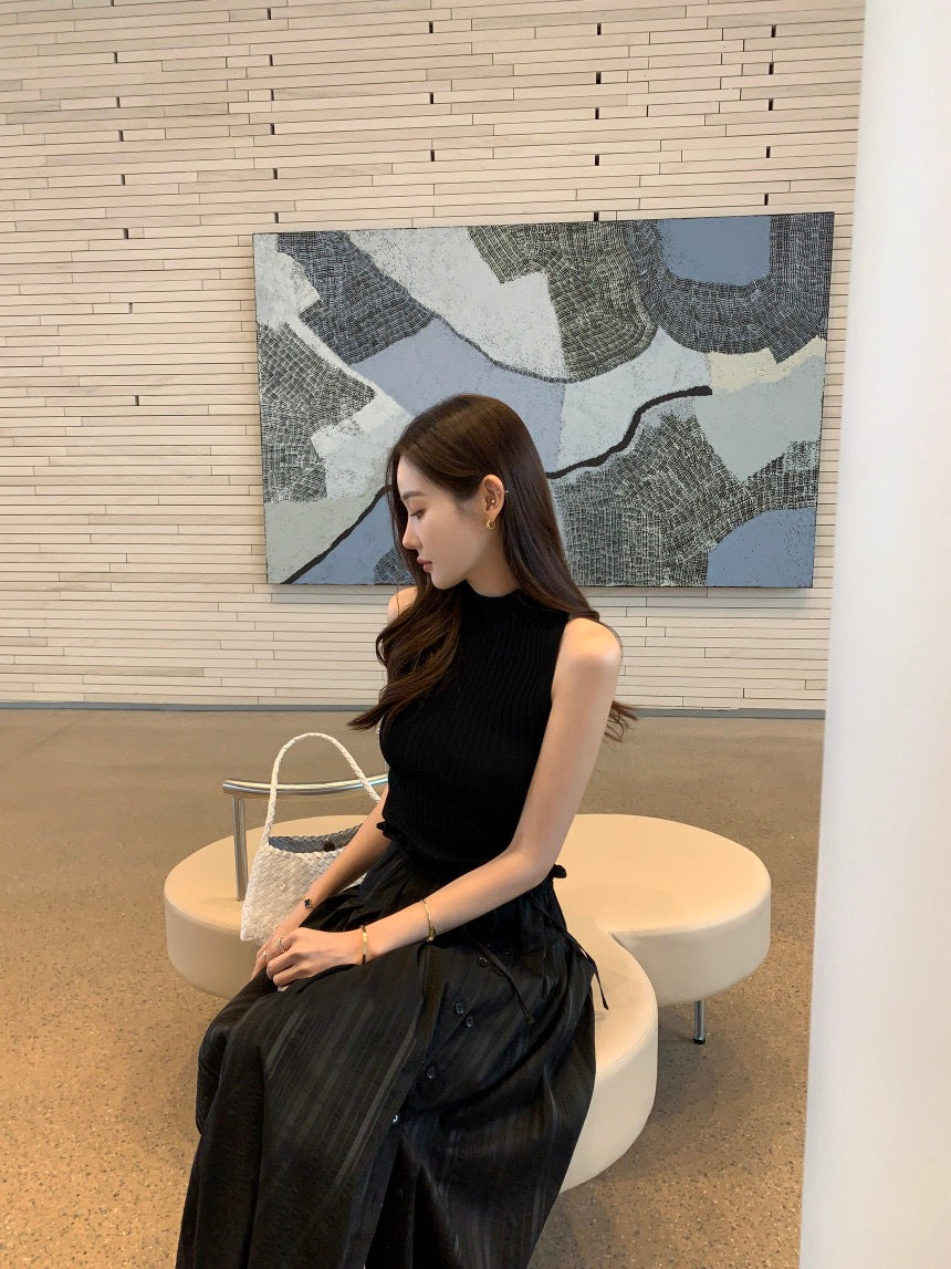 Sleeveless Knit Top + Slit Midi Skirt Set