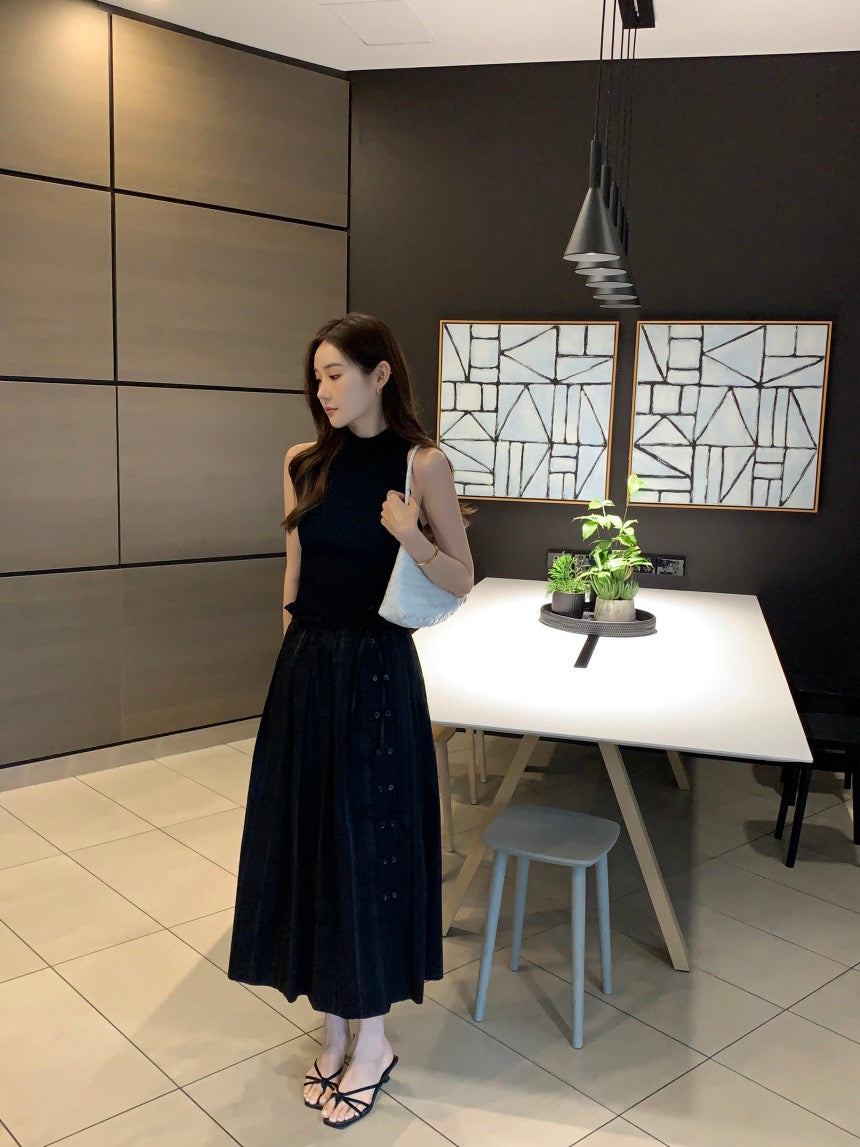 Sleeveless Knit Top + Slit Midi Skirt Set