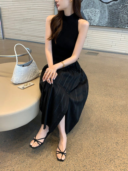 Sleeveless Knit Top + Slit Midi Skirt Set