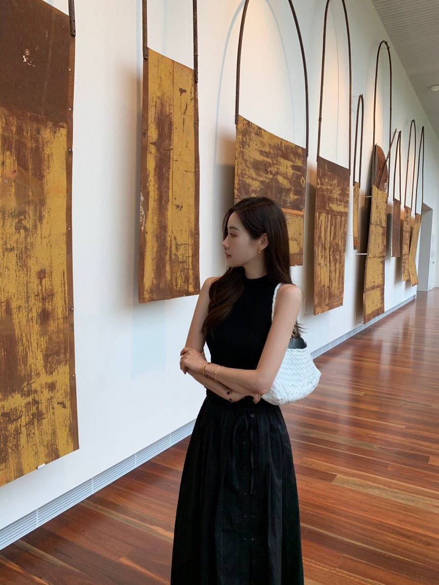 Sleeveless Knit Top + Slit Midi Skirt Set