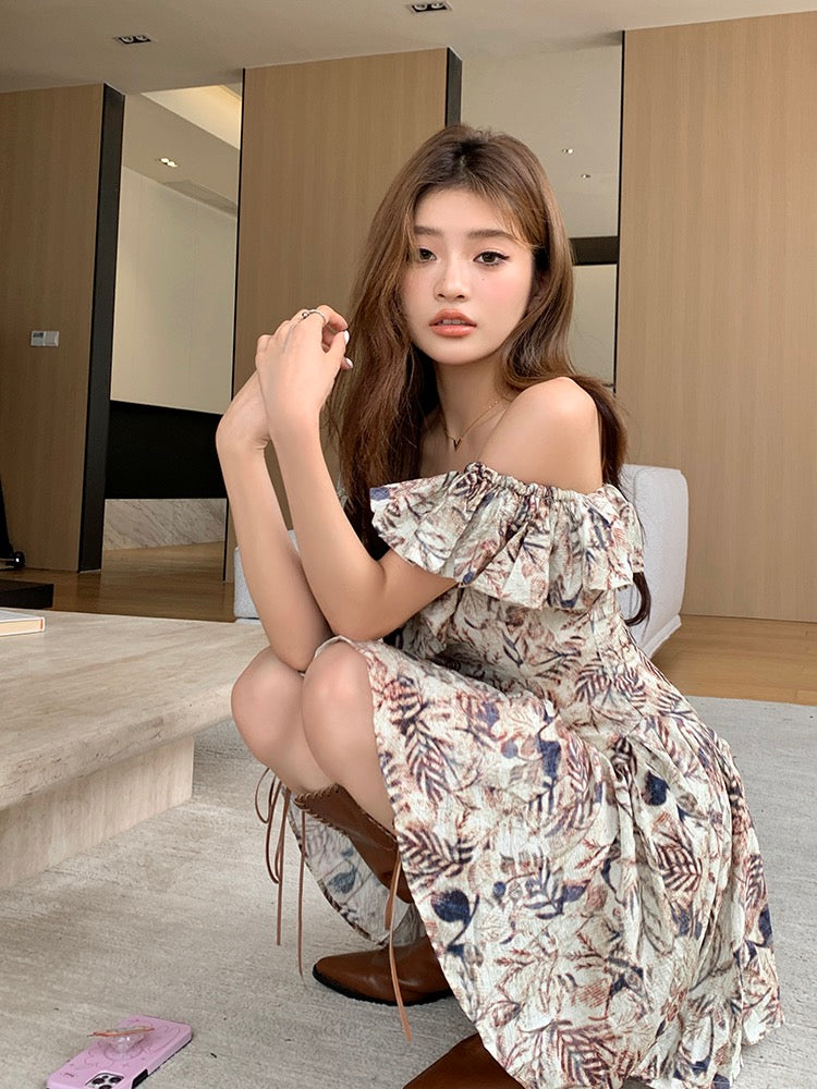 Vintage Off-Shoulder Cinched Waist A-Line Princess Dress