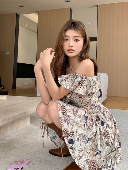 Vintage Off-Shoulder Cinched Waist A-Line Princess Dress