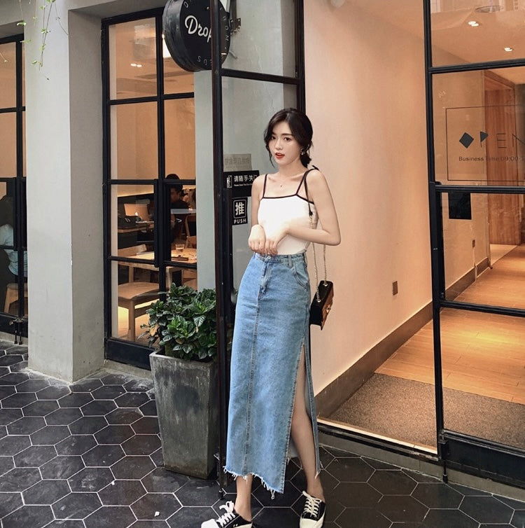 高腰開衩牛仔裙