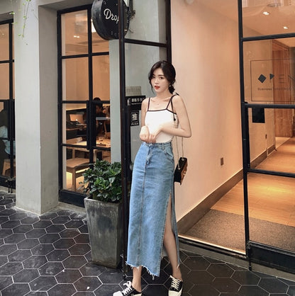 高腰開衩牛仔裙