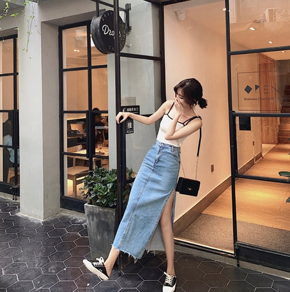 高腰開衩牛仔裙