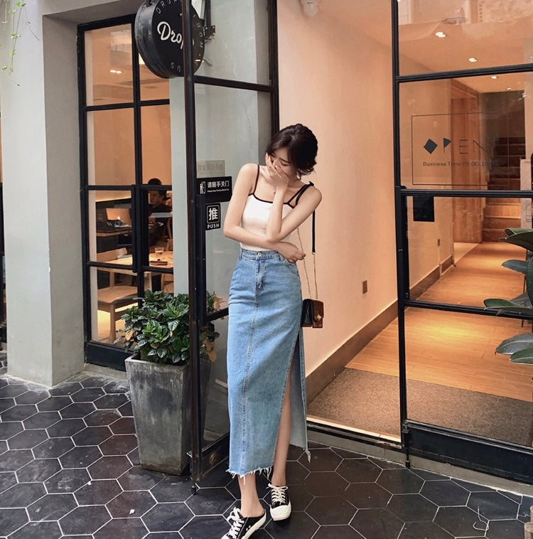 高腰開衩牛仔裙