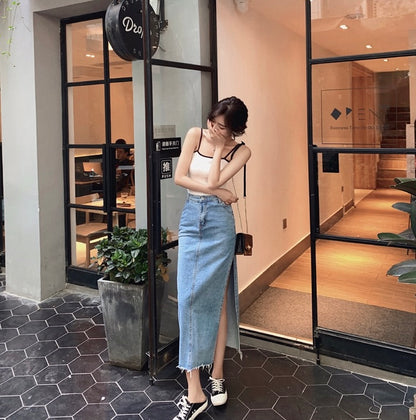 高腰開衩牛仔裙