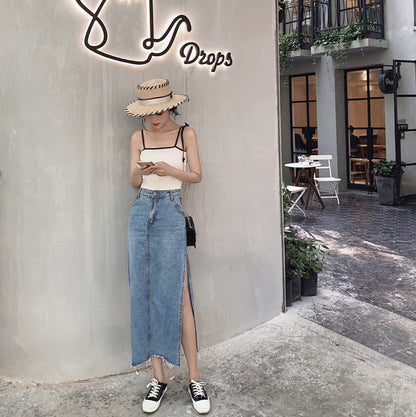 高腰開衩牛仔裙