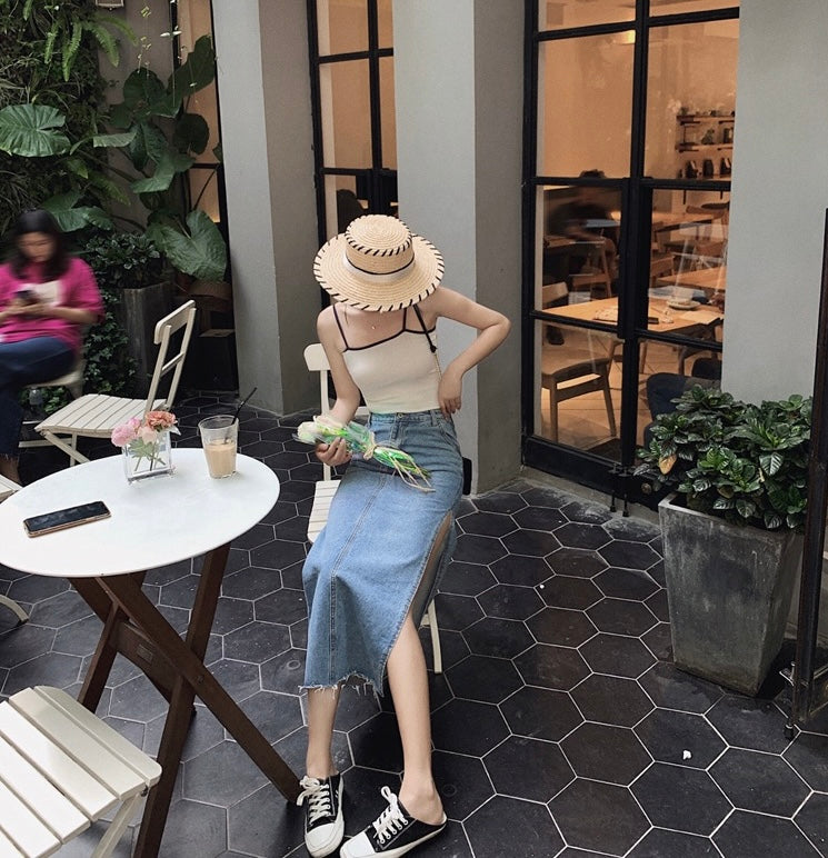 高腰開衩牛仔裙