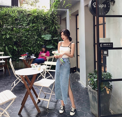 高腰開衩牛仔裙