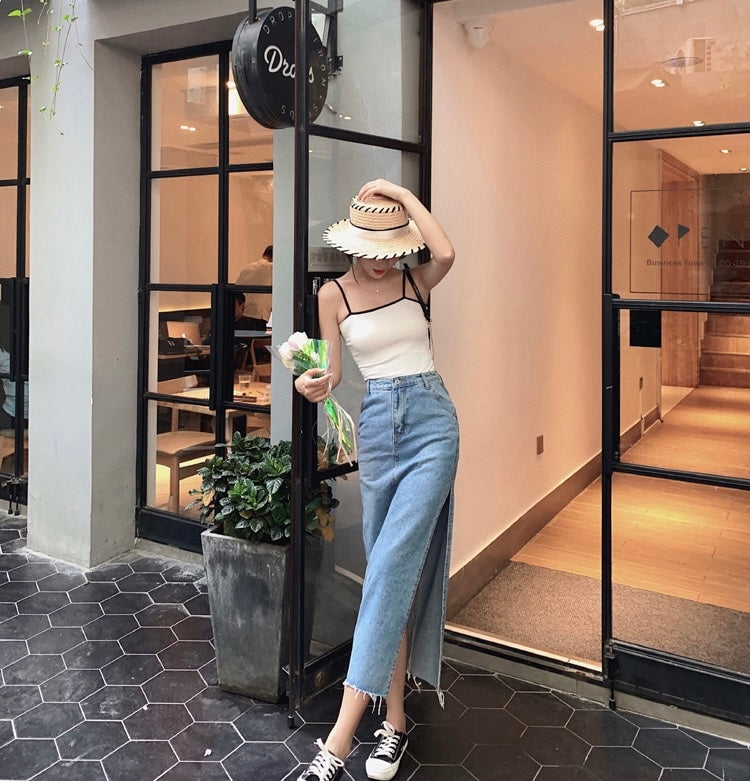 高腰開衩牛仔裙