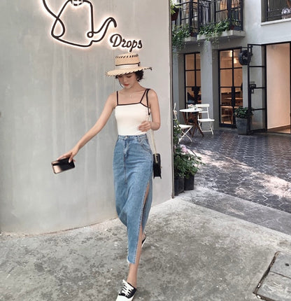 高腰開衩牛仔裙