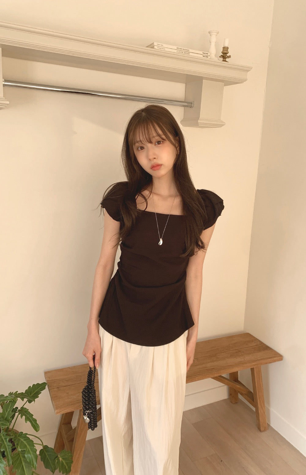 甜美收腰露肩top