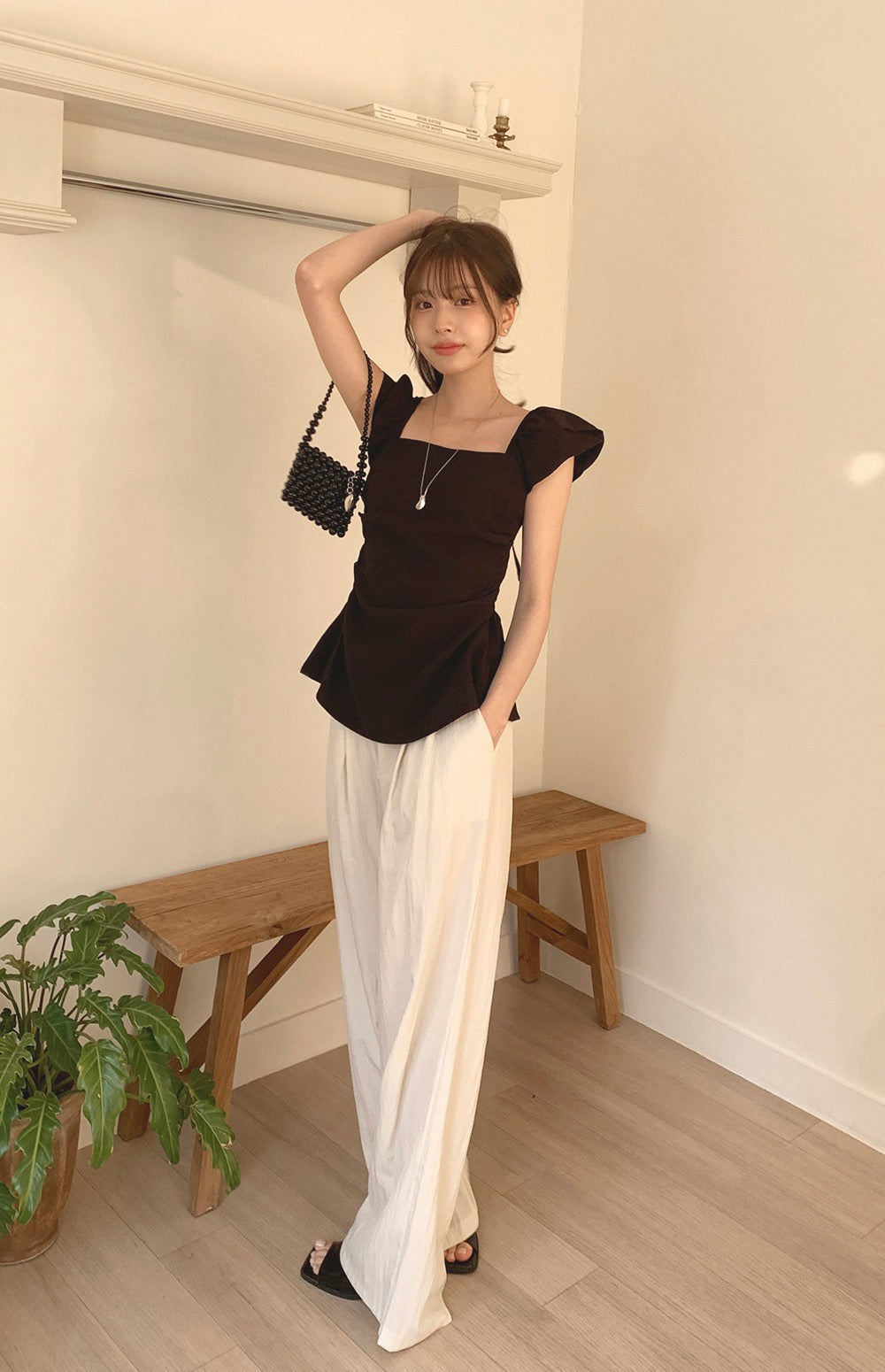 甜美收腰露肩top