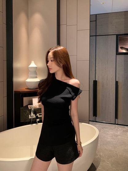 Asymmetrical Neckline Off-Shoulder Side Ruched Knit Top