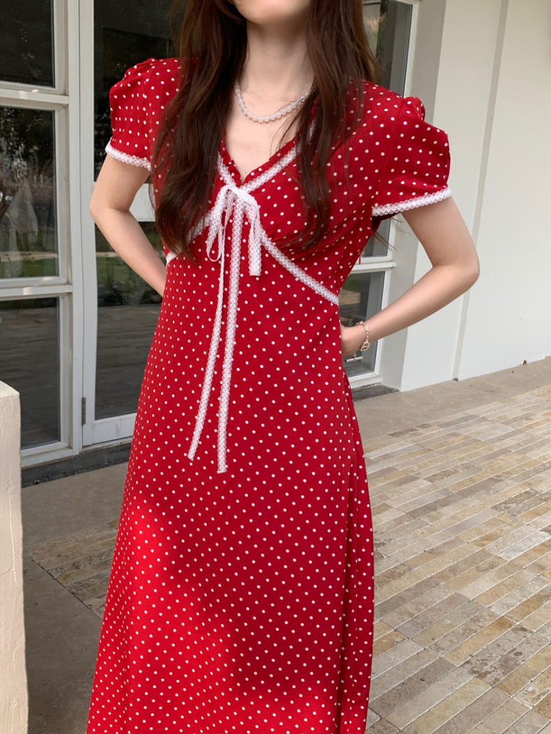 Lace Splice Tie Polka Dot Dress