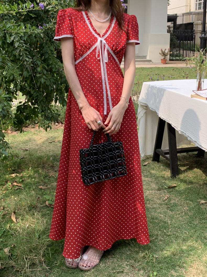 Lace Splice Tie Polka Dot Dress