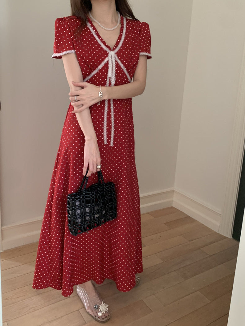 Lace Splice Tie Polka Dot Dress
