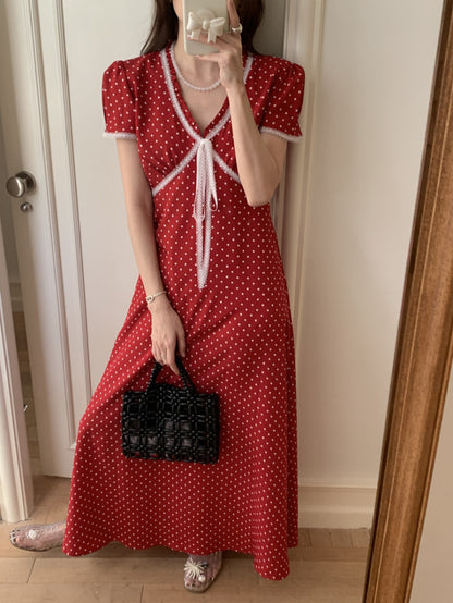 Lace Splice Tie Polka Dot Dress