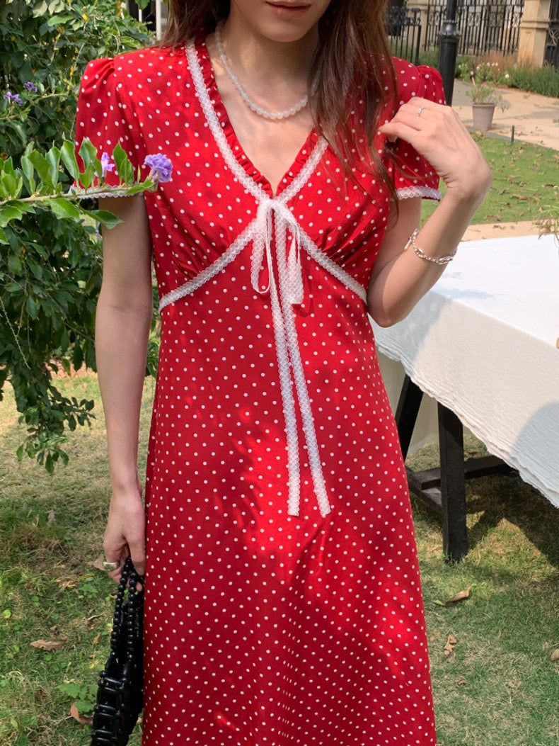 Lace Splice Tie Polka Dot Dress