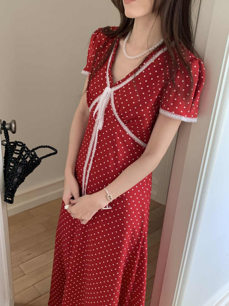 Lace Splice Tie Polka Dot Dress