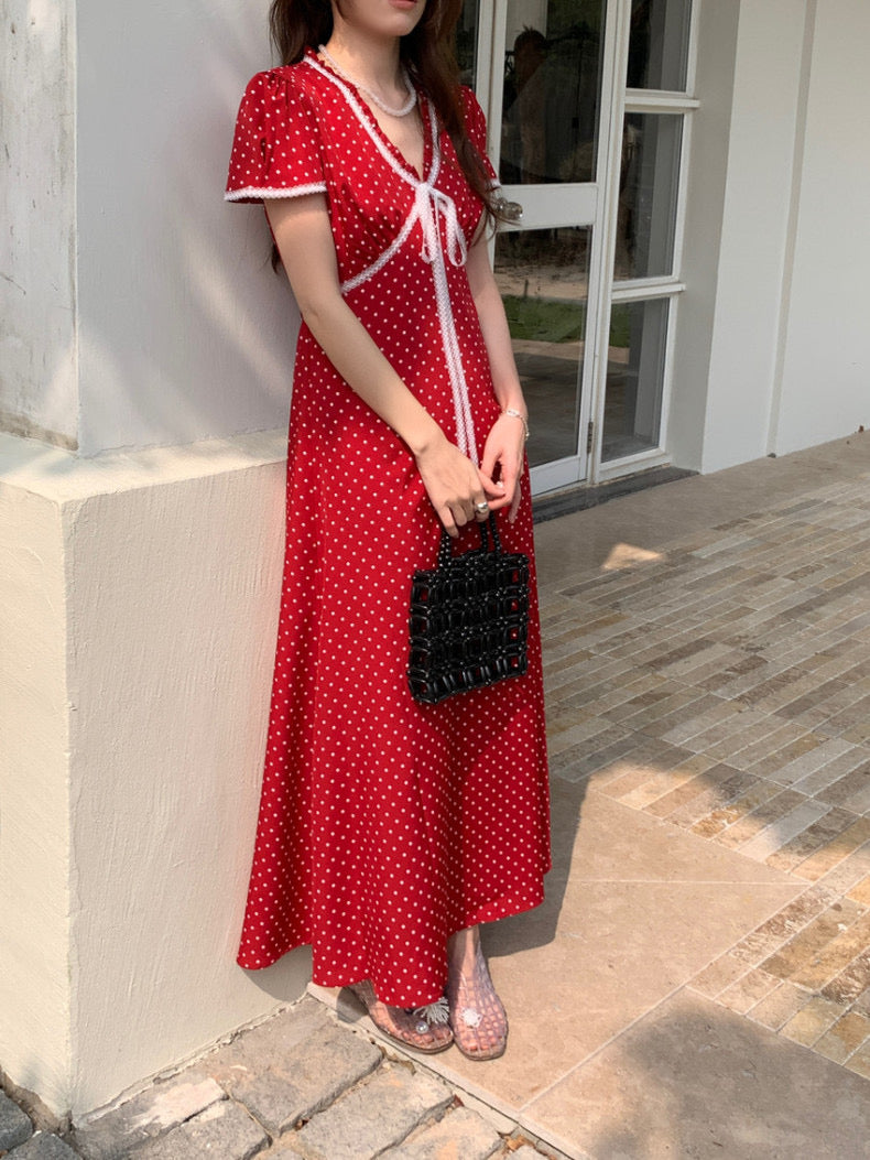 Lace Splice Tie Polka Dot Dress