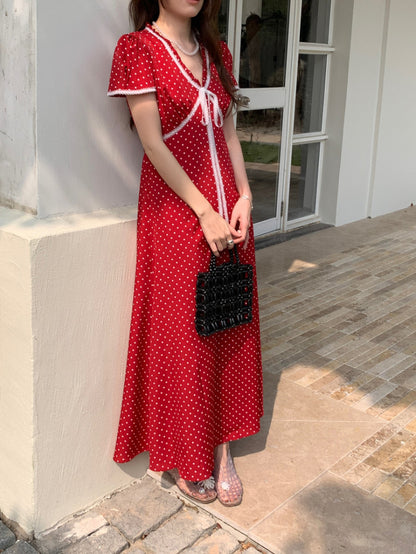 Lace Splice Tie Polka Dot Dress