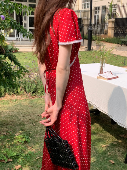 Lace Splice Tie Polka Dot Dress