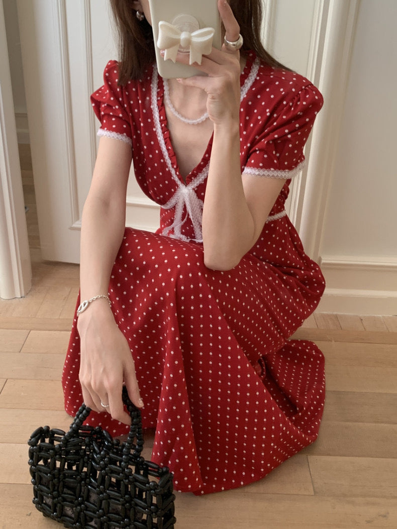 Lace Splice Tie Polka Dot Dress