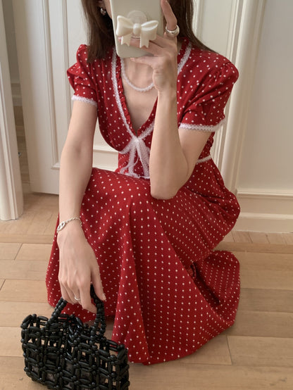 Lace Splice Tie Polka Dot Dress