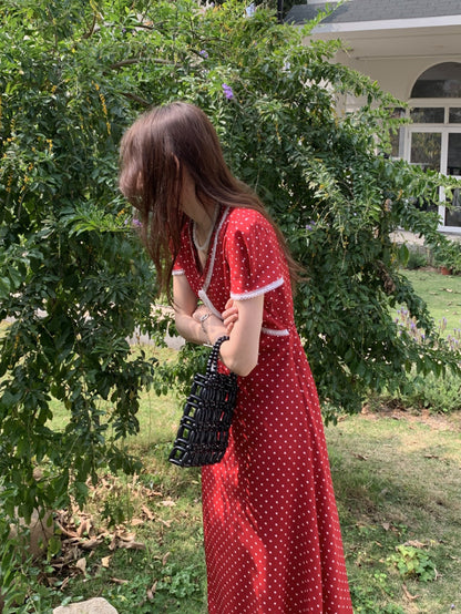 Lace Splice Tie Polka Dot Dress