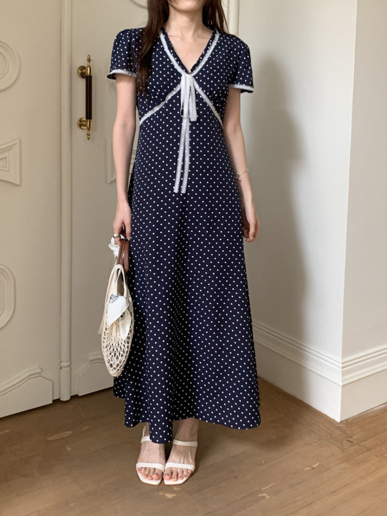 Lace Splice Tie Polka Dot Dress